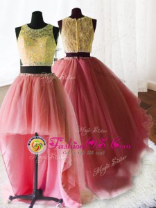 Three Piece Scoop Sleeveless Organza and Tulle and Lace With Brush Train Zipper Quinceanera Dress in Watermelon Red for with Beading and Lace and Ruffles