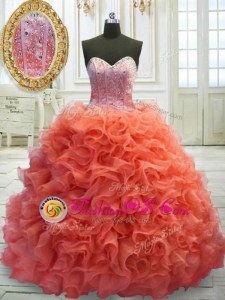 Latest Coral Red 15th Birthday Dress Sweetheart Sleeveless Sweep Train Lace Up