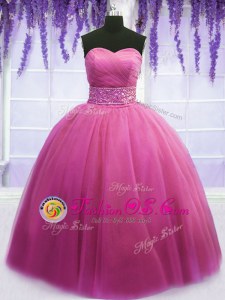 Rose Pink Sleeveless Beading and Belt Floor Length Vestidos de Quinceanera