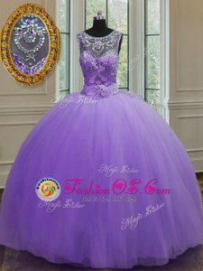 Exquisite Scoop Lavender Tulle Lace Up 15 Quinceanera Dress Sleeveless Floor Length Beading