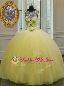 Extravagant Scoop Light Yellow Sleeveless Tulle Backless 15 Quinceanera Dress for Military Ball and Sweet 16 and Quinceanera
