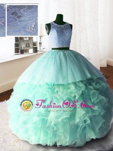 Scoop Sleeveless With Train Beading and Lace and Ruffles Zipper Quinceanera Dresses with Apple Green Brush Train