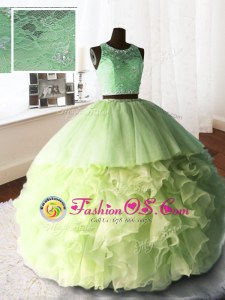 Scoop Sleeveless Organza and Tulle and Lace With Brush Train Zipper Quinceanera Gown in Yellow Green for with Beading and Lace and Ruffles