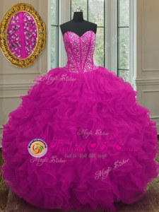Fuchsia 15 Quinceanera Dress Military Ball and Sweet 16 and Quinceanera and For with Beading and Ruffles Sweetheart Sleeveless Lace Up