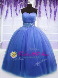 Noble Blue Lace Up 15th Birthday Dress Beading and Belt Sleeveless Floor Length