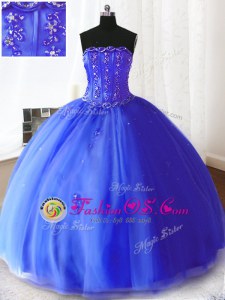 High Quality Royal Blue Strapless Neckline Beading and Appliques Quinceanera Gowns Sleeveless Lace Up