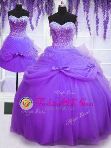 Three Piece Purple Sleeveless Beading and Bowknot Floor Length Sweet 16 Dresses