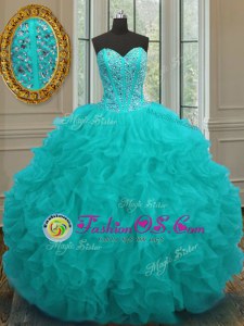 Affordable Aqua Blue Ball Gowns Beading and Ruffles Quince Ball Gowns Lace Up Organza Sleeveless Floor Length