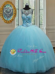Chic Scoop Floor Length Baby Blue Quinceanera Dresses Tulle Sleeveless Beading