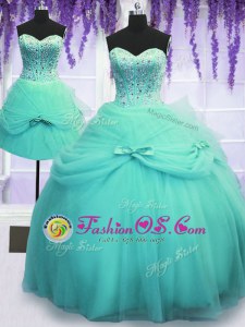 Three Piece Aqua Blue Tulle Lace Up Sweetheart Sleeveless Floor Length Quinceanera Dress Beading and Bowknot