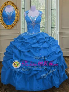 Eye-catching Blue Ball Gowns Taffeta Straps Sleeveless Beading and Pick Ups Floor Length Lace Up Ball Gown Prom Dress