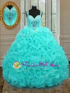 Lovely Aqua Blue Straps Zipper Beading and Ruffles Sweet 16 Quinceanera Dress Sleeveless
