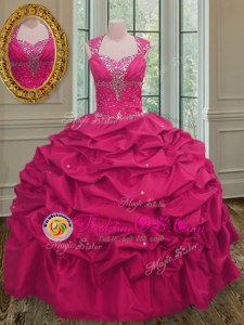 Dynamic Straps Floor Length Hot Pink 15th Birthday Dress Taffeta Sleeveless Beading and Pick Ups
