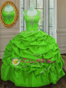 Straps Taffeta Lace Up 15 Quinceanera Dress Cap Sleeves Floor Length Beading and Pick Ups