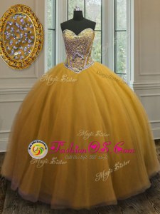 Romantic Gold Sleeveless Floor Length Beading Lace Up Sweet 16 Dresses
