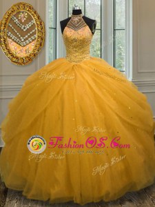 Decent Halter Top Sleeveless Lace Up Sweet 16 Quinceanera Dress Gold Tulle