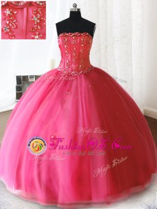 Lovely Hot Pink Sleeveless Floor Length Beading and Appliques Lace Up Sweet 16 Quinceanera Dress
