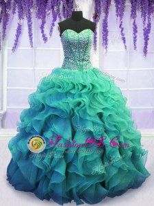 Luxurious Turquoise Ball Gown Prom Dress Military Ball and Sweet 16 and Quinceanera and For with Beading and Ruffles Sweetheart Sleeveless Lace Up