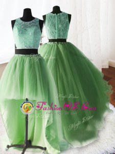 Glittering Three Piece Scoop Yellow Green Zipper Sweet 16 Quinceanera Dress Beading and Lace and Ruffles Sleeveless With Brush Train