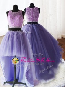 Modest Three Piece Lavender 15th Birthday Dress Military Ball and Sweet 16 and Quinceanera and For with Beading and Lace and Ruffles Scoop Sleeveless Brush Train Zipper