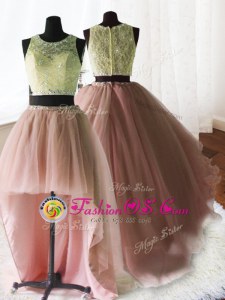 Three Piece Scoop Sleeveless Organza and Tulle and Lace Quinceanera Dresses Beading and Lace and Ruffles Brush Train Zipper