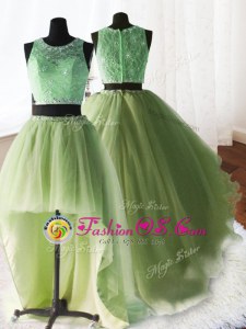 Fine Three Piece Scoop Sleeveless Brush Train Zipper Quinceanera Gown Yellow Green Organza and Tulle and Lace
