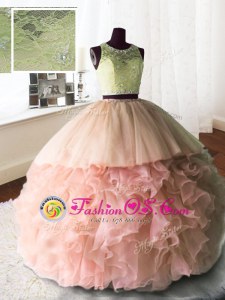 Glittering Scoop Beading and Lace and Ruffles Sweet 16 Quinceanera Dress Baby Pink Zipper Sleeveless With Brush Train