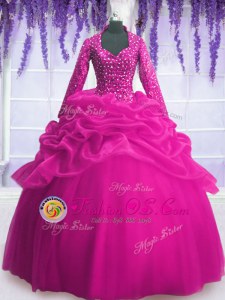 Sequins and Pick Ups Quinceanera Gown Fuchsia Zipper Long Sleeves Floor Length