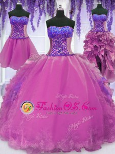 Beauteous Four Piece Lilac Lace Up Sweetheart Appliques and Embroidery Sweet 16 Quinceanera Dress Organza Sleeveless