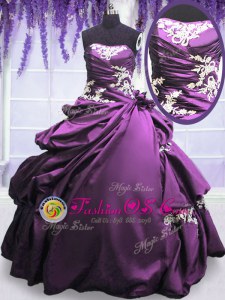 Adorable Taffeta Strapless Sleeveless Lace Up Appliques and Pick Ups Sweet 16 Dress in Purple
