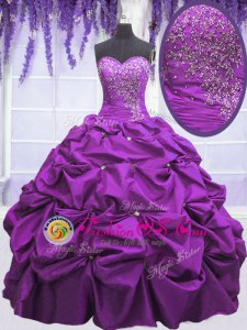 Floor Length Lace Up Quince Ball Gowns Purple and In for Military Ball and Sweet 16 and Quinceanera with Appliques and Pick Ups