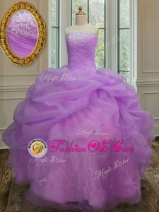 Excellent Purple Ball Gowns Embroidery and Ruffles Ball Gown Prom Dress Lace Up Organza Sleeveless Floor Length