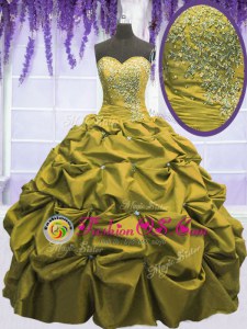 Elegant Sweetheart Sleeveless 15th Birthday Dress Floor Length Beading and Appliques and Pick Ups Brown Taffeta