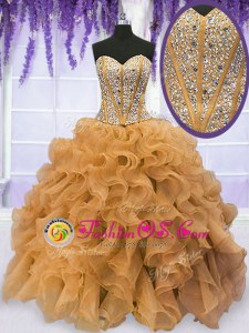 High Class Gold Sleeveless Organza Lace Up Quinceanera Dresses for Military Ball and Sweet 16 and Quinceanera