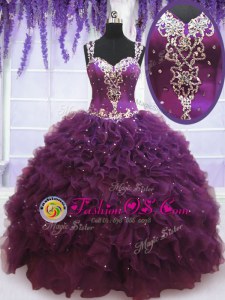 Gorgeous Purple Ball Gowns Tulle Straps Sleeveless Beading and Ruffles Floor Length Zipper Sweet 16 Dresses