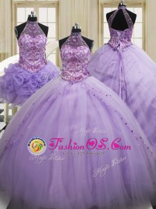 Captivating Three Piece Halter Top Sleeveless Sweet 16 Dresses Brush Train Sequins Lavender Tulle
