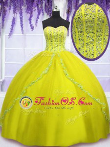 Yellow Green Ball Gowns Beading Sweet 16 Dress Lace Up Tulle Sleeveless Floor Length