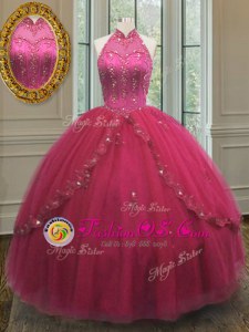 Halter Top Hot Pink Tulle Lace Up Quince Ball Gowns Sleeveless Floor Length Beading and Appliques