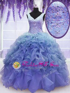 Hot Selling Purple Ball Gowns Organza V-neck Sleeveless Beading and Embroidery and Ruffles Floor Length Lace Up Vestidos de Quinceanera