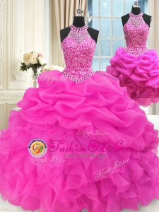 Adorable Three Piece Hot Pink Organza Lace Up High-neck Sleeveless Floor Length Sweet 16 Dresses Beading and Pick Ups