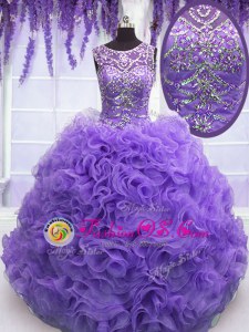 Scoop Sleeveless Quinceanera Gowns Floor Length Beading and Ruffles Lavender Organza