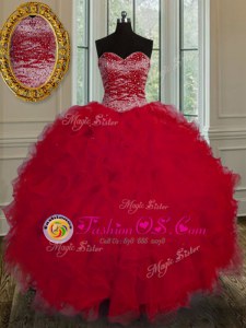 Red Quinceanera Gowns Military Ball and Sweet 16 and For with Beading and Ruffles Sweetheart Sleeveless Lace Up