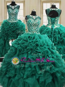 Captivating Four Piece Scoop Floor Length Lace Up Quinceanera Gown Dark Green and In for Military Ball and Sweet 16 and Quinceanera with Beading and Ruffles