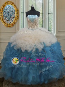 Custom Designed Sleeveless Organza Floor Length Side Zipper Quinceanera Gown in Blue And White for with Beading and Ruffles