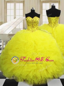 Eye-catching Light Yellow Lace Up Sweetheart Beading and Ruffles Sweet 16 Dress Tulle Sleeveless