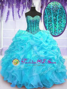 Decent Aqua Blue Sleeveless Floor Length Beading and Ruffles and Pick Ups Lace Up Quinceanera Gowns