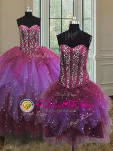 Dramatic Three Piece Multi-color Sleeveless Floor Length Beading and Ruffles and Sequins Lace Up Sweet 16 Dresses