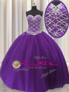 High Quality Eggplant Purple Sleeveless Beading and Sequins Floor Length Sweet 16 Dress