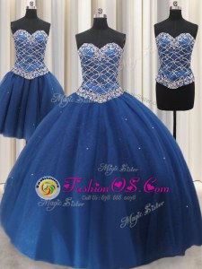 Three Piece Blue Vestidos de Quinceanera Military Ball and Sweet 16 and Quinceanera and For with Beading and Sequins Sweetheart Sleeveless Lace Up
