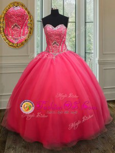 Sexy Coral Red Organza Lace Up Sweetheart Sleeveless Floor Length Sweet 16 Dress Beading